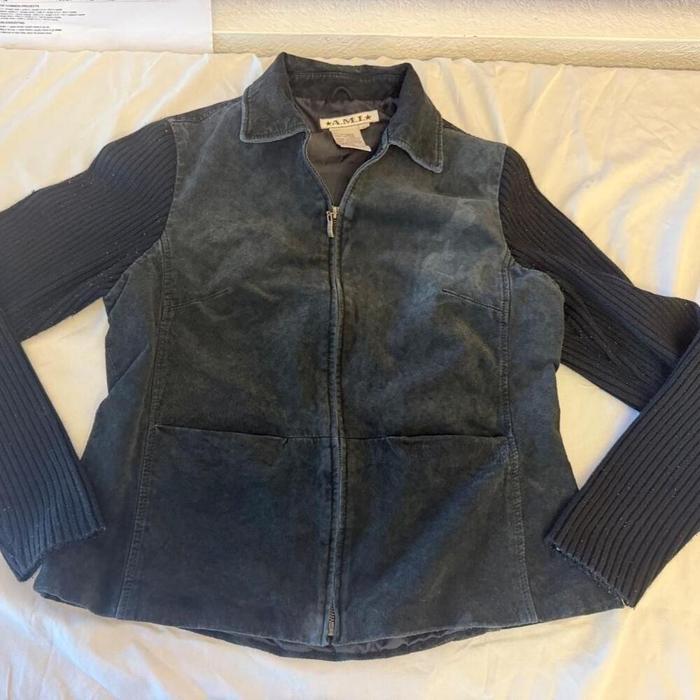 Vintage A.M.I. Black Suede Leather Ribbed Knit Sleeve Zip Up Jacket Women Size L